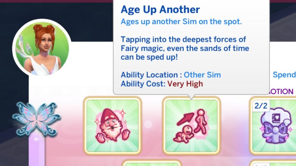 A screenshot from the sims 4 showing the age up another fairy ability
