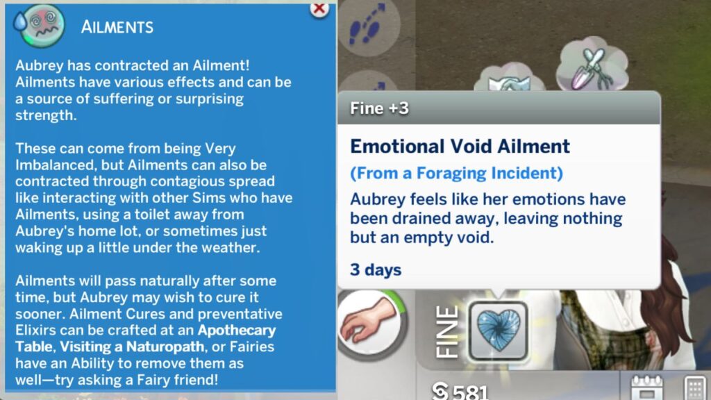 A screenshot from The Sims 4 showing a sim's notifications and moodlets from getting an ailment from foraging