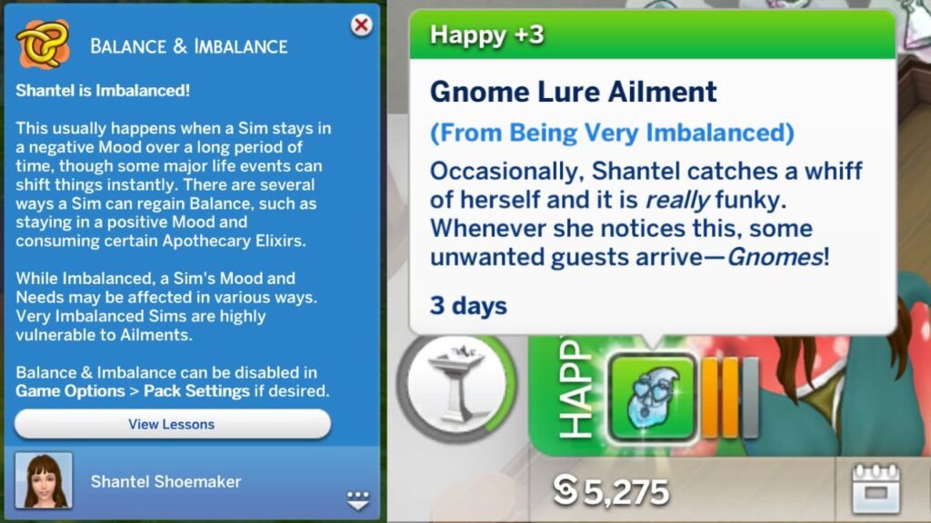 A screenshot from The Sims 4 showing a sim getting an ailment from being very imbalanced