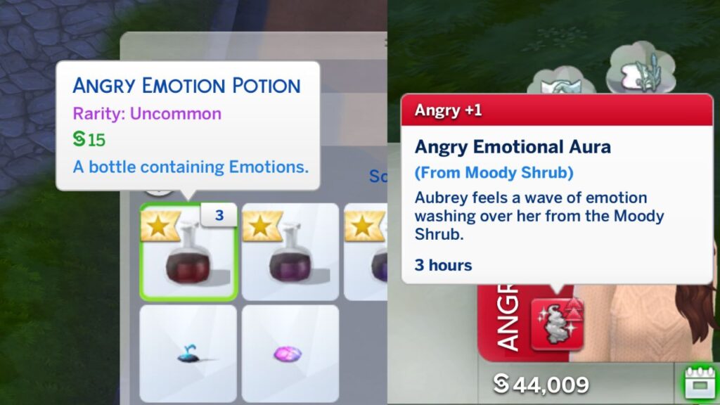 A screenshot from The Sims 4 showing an angry emotion potion in a sim's inventory and an angry moodlet a sim got from a moody shrub