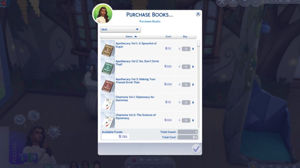 A screenshot from The Sims 4 showing the set of apothecary skill books