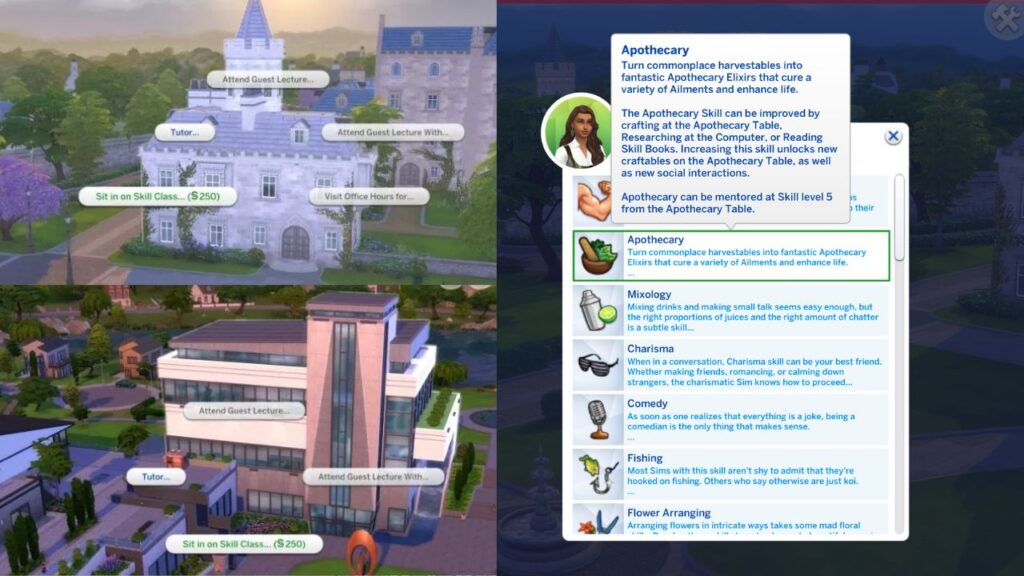 A screenshot from The Sims 4 showing how you can take an apothecary skill class