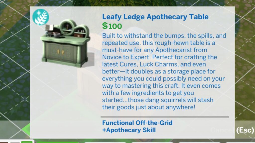 A screenshot from The Sims 4 showing the build mode description for the leafy ledge apothecary table