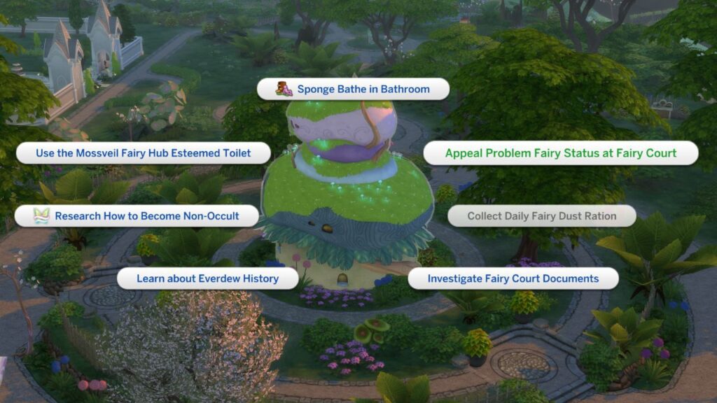 A screenshot from The Sims 4 showing the option to appeal fairy problem status at fairy court 