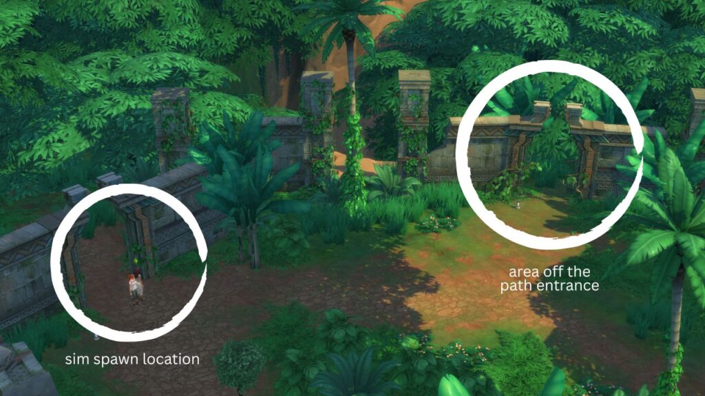 A screenshot from The Sims 4 showing a sim's spawn location and the area off the path entrance 