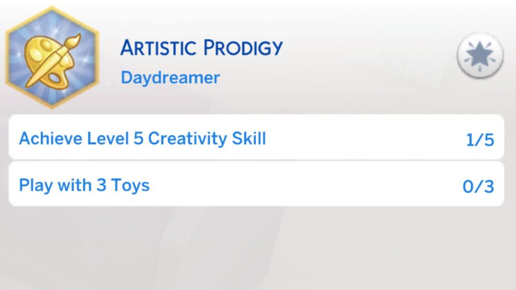 A screenshot from The Sims 4 showing the second level of the artistic prodigy aspiration