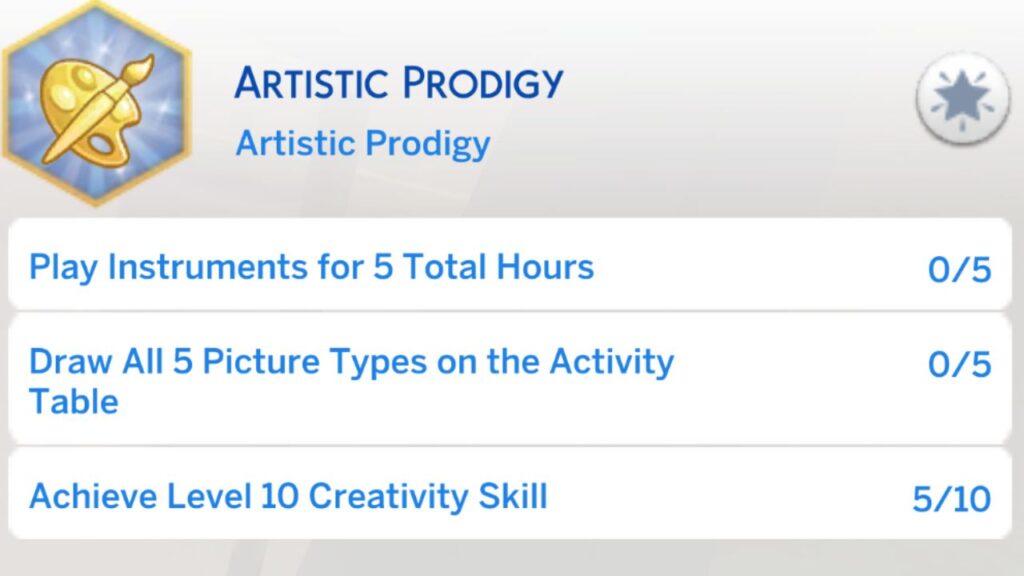 A screenshot from The Sims 4 showing the third stage of the artistic prodigy aspiration