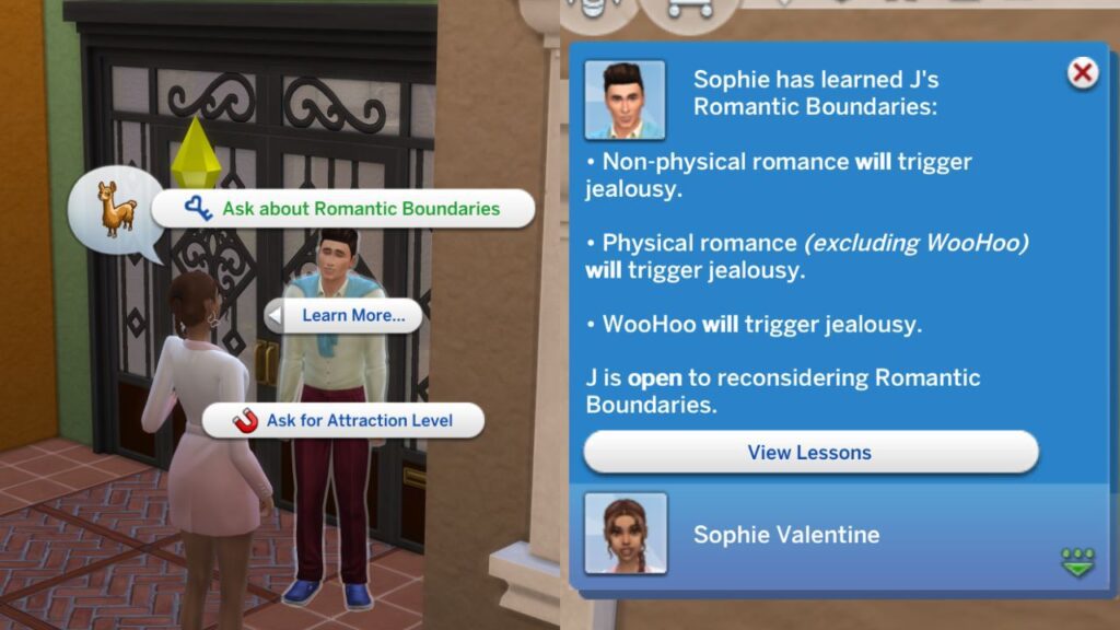 A screenshot from The Sims 4 showing how to discuss romantic boundaries