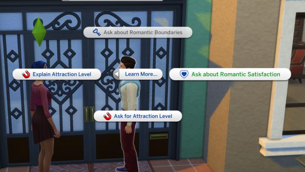 A screenshot from The Sims 4 showing how to ask about romantic satisfaction 