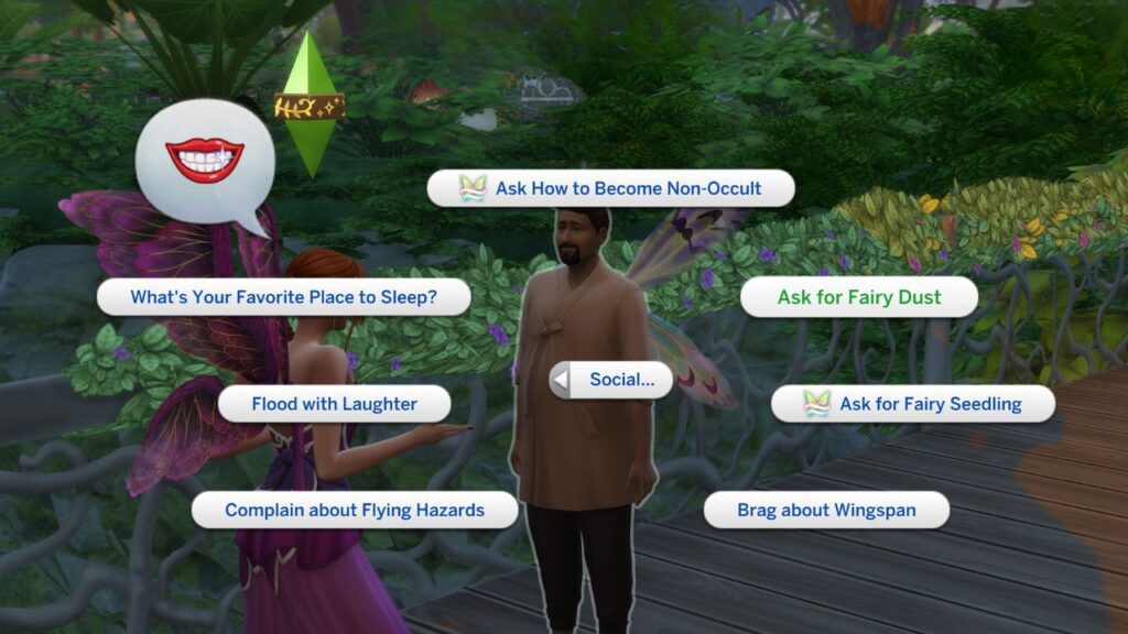 A screenshot from The Sims 4 showing the option to ask other sims for fairy dust