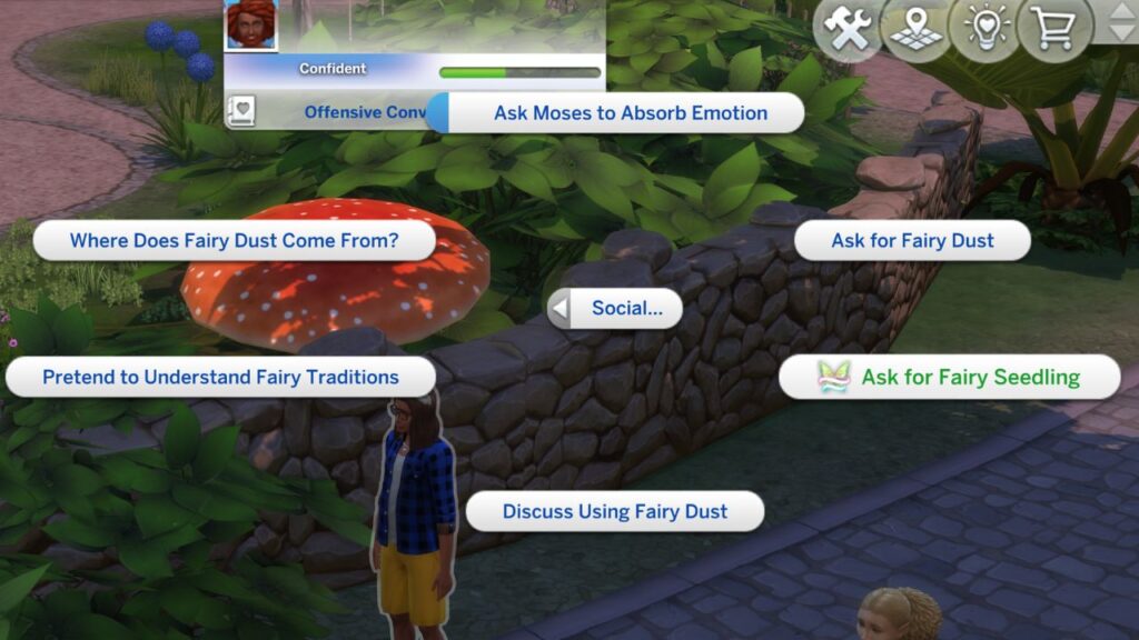 A screenshot from The Sims 4 showing the option to ask a fairy for a seedling