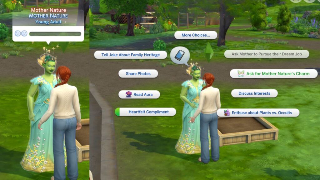 A screenshot from The Sims 4 showing mother nature visiting a sim and the option to ask for mother nature's charm highlighted