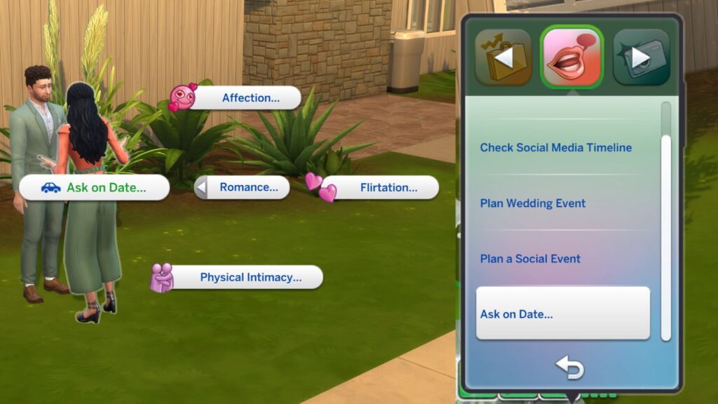 A screenshot from The Sims 4 showing the two ways you can ask a sim on a date