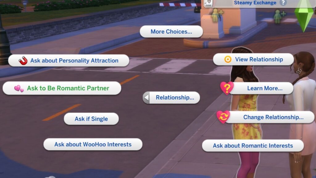 A screenshot from The Sims 4 showing how you can ask another sim to be your romantic partner 
