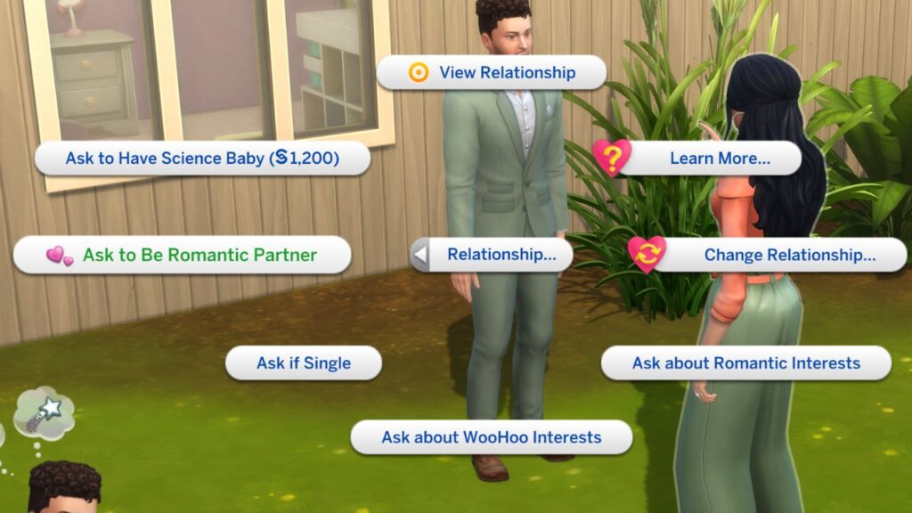 A screenshot from The Sims 4 showing the option to ask a sim to be romantic partner