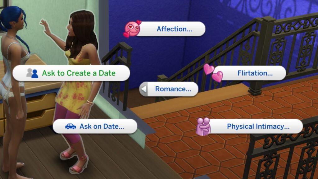 A screenshot from The Sims 4 showing the romance interaction  menu with Ask to Create a Date option highlighted 
