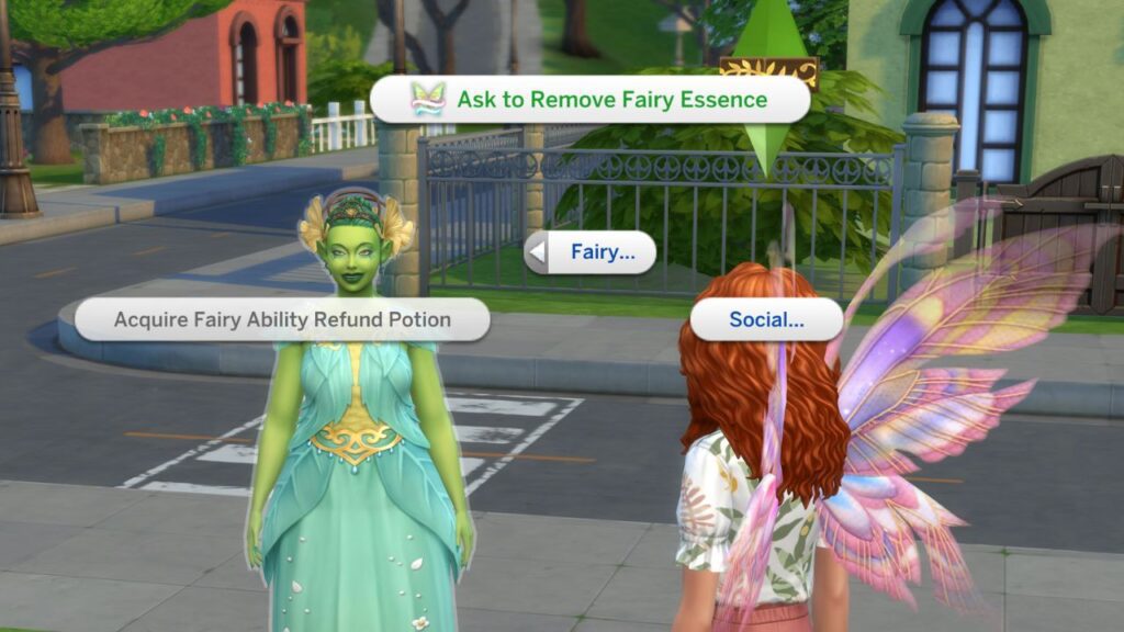 A screenshot from The Sims 4 showing how you can ask mother nature to remove your fairy essence