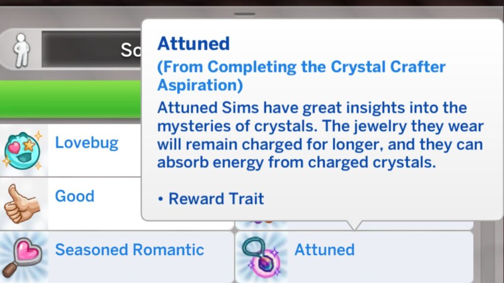 A screenshot from The Sims 4 showing the attuned bonus trait you get from the crystal crafter aspiration 