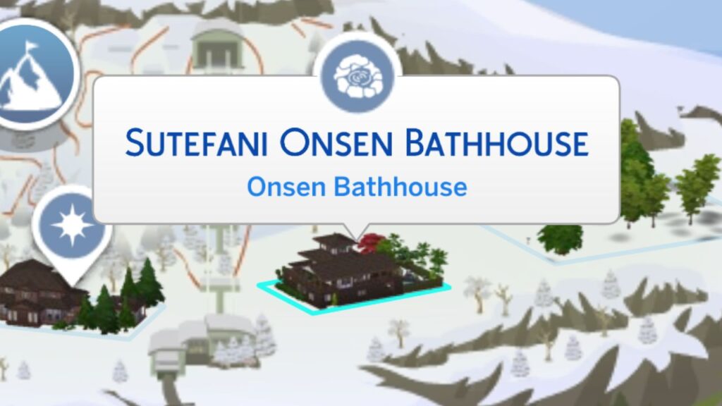 A screenshot from The Sims 4 showing the Sutefani Onsen Bathhouse location in Mt Komorebi