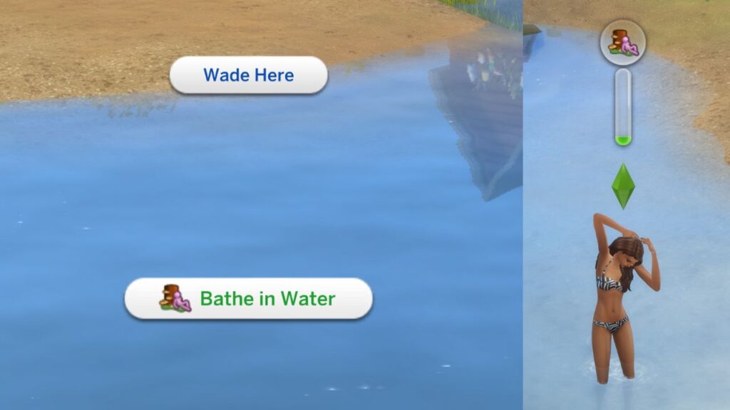 A screenshot from The Sims 4 showing the option to bathe in water and a sim doing so