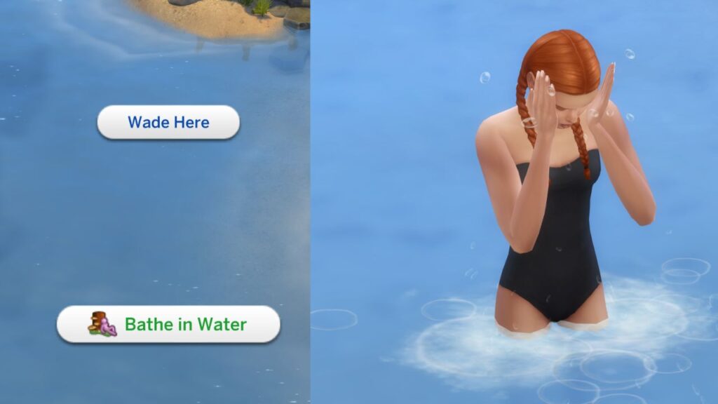 A screenshot from The Sims 4 showing a sim bathing in open water