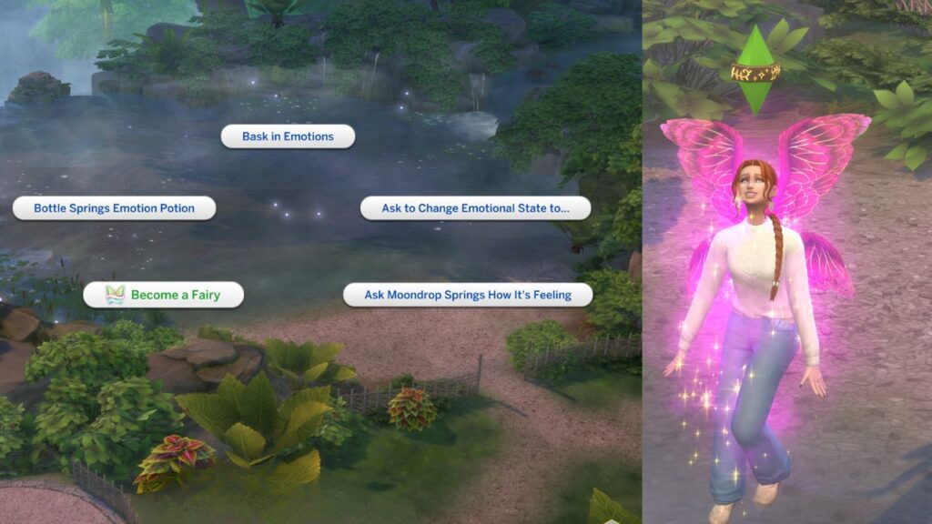 A screenshot from The Sims 4 showing Moondrop Springs with the option to become a fairy highlighted