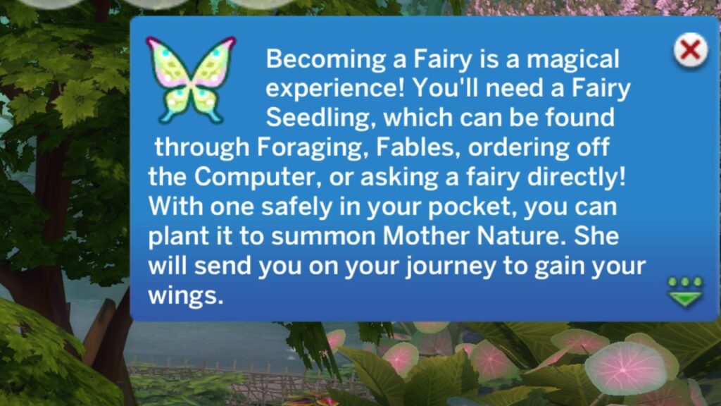 A screenshot from the sims 4 showing the notification you get telling you how to become a fairy