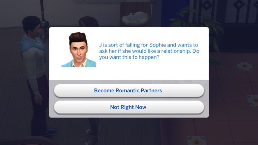 A screenshot from The Sims 4 showing J Huntington III asking a sim to be their romantic partner 