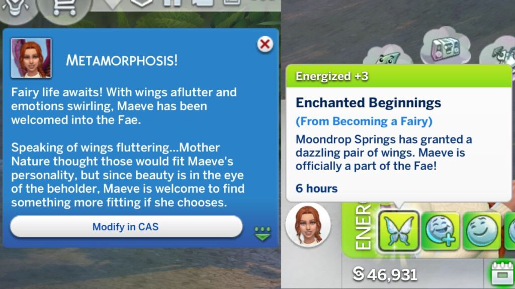 A screenshot from The Sims 4 showing the moodlet and notification you get when a sim becomes a fairy