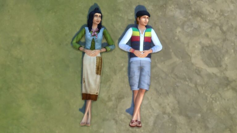 A screenshot from The Sims 4 showing a sim cloud gazing with the hermit of granite falls