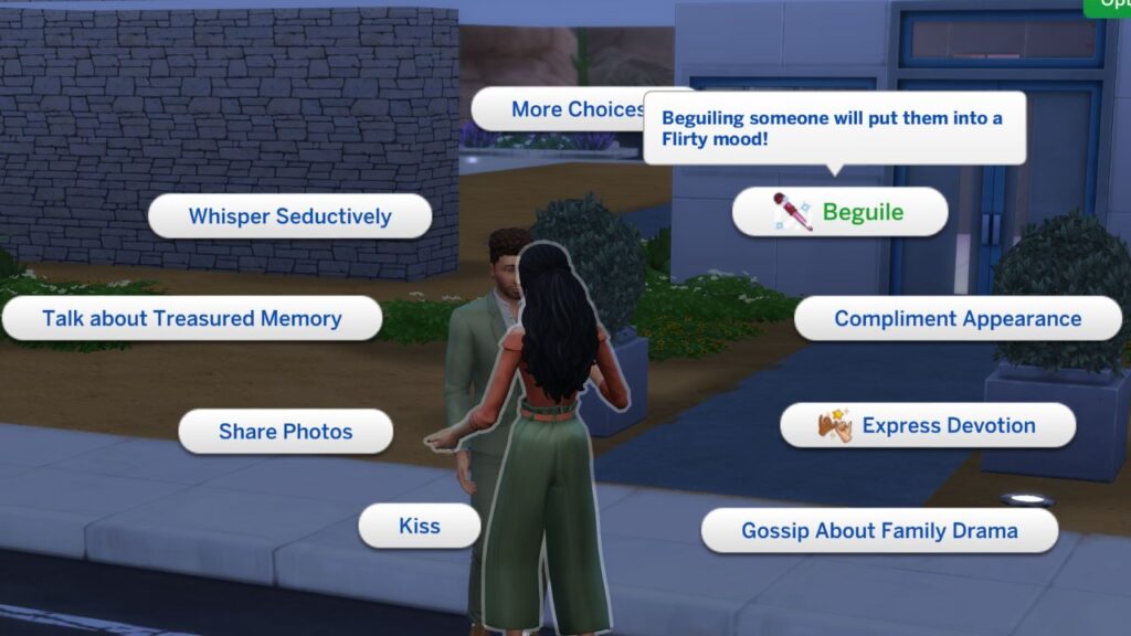 A screenshot from The Sims 4 showing the option to beguile another sim to make them flirty