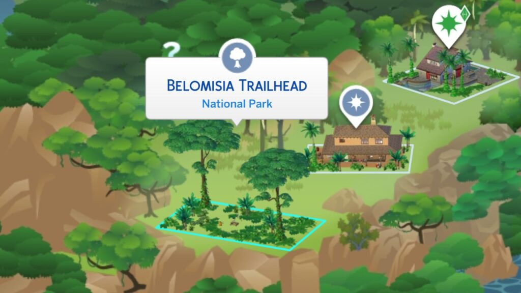 A screenshot from The Sims 4 showing the location of the Belomisia Trailhead national park