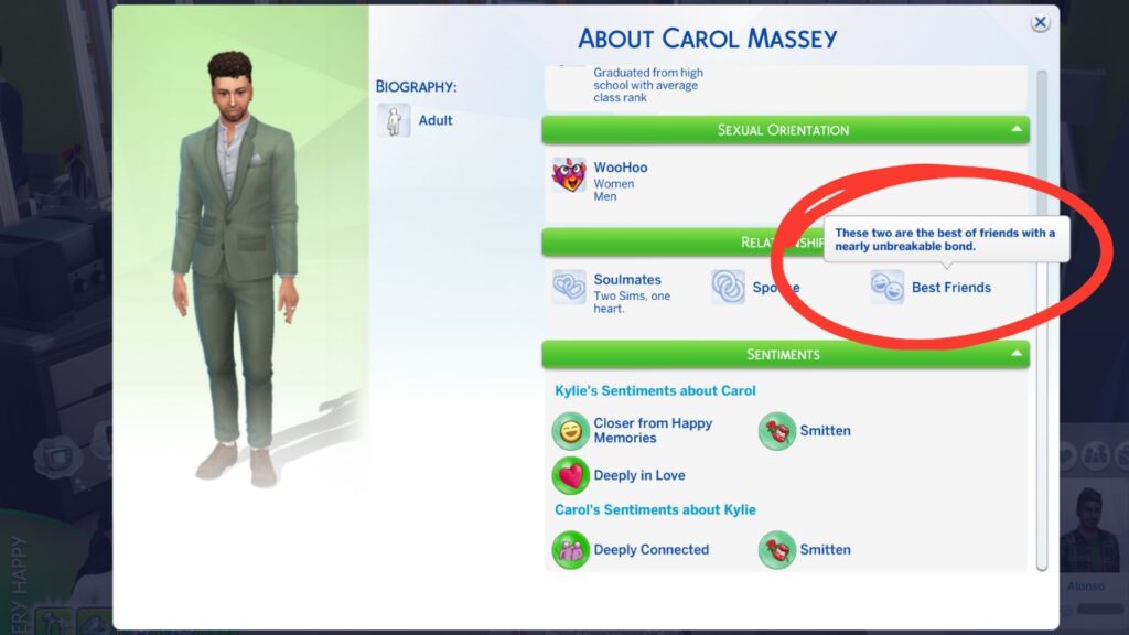 A screenshot from The Sims 4 showing a sim's profile with best friends circled under the relationship section