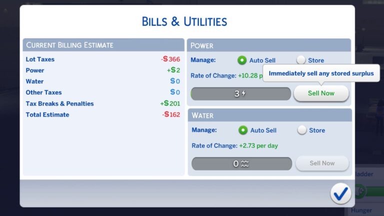 A screenshot from the sims 4 showing how to sell power back