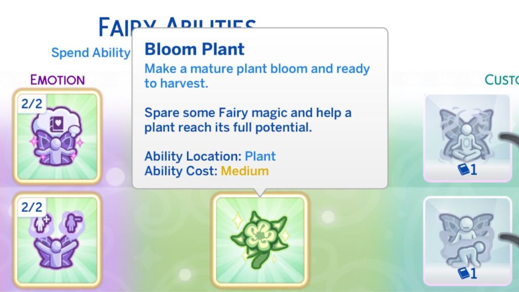 A screenshot from The Sims 4 showing the bloom plant fairy ability