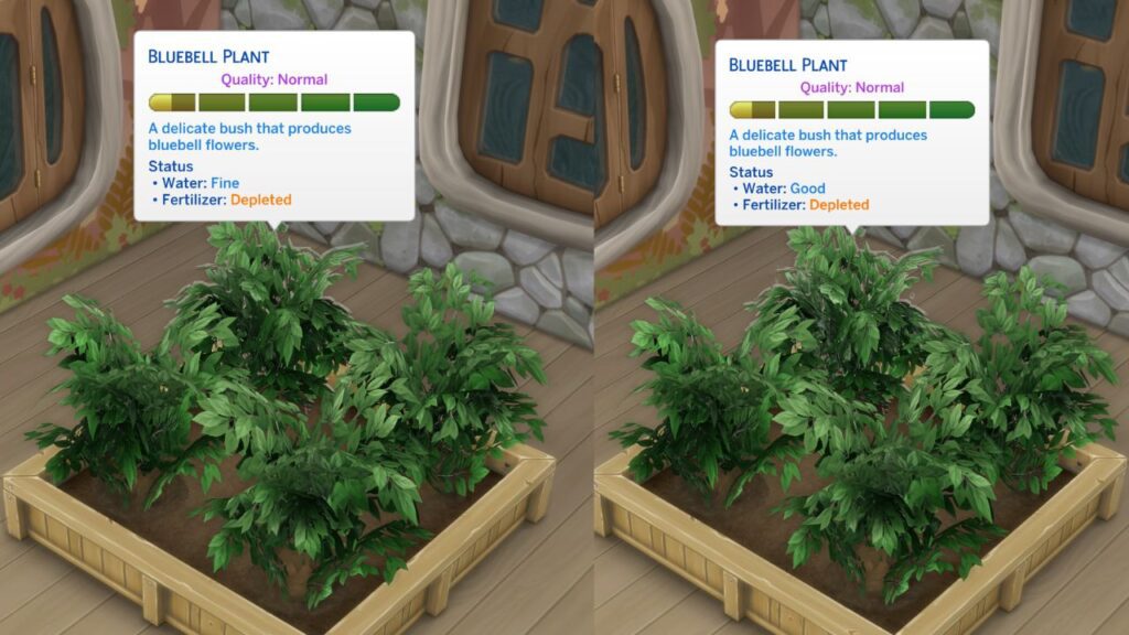 A screenshot from The Sims 4 showing a bluebell plant with fine water and good water 