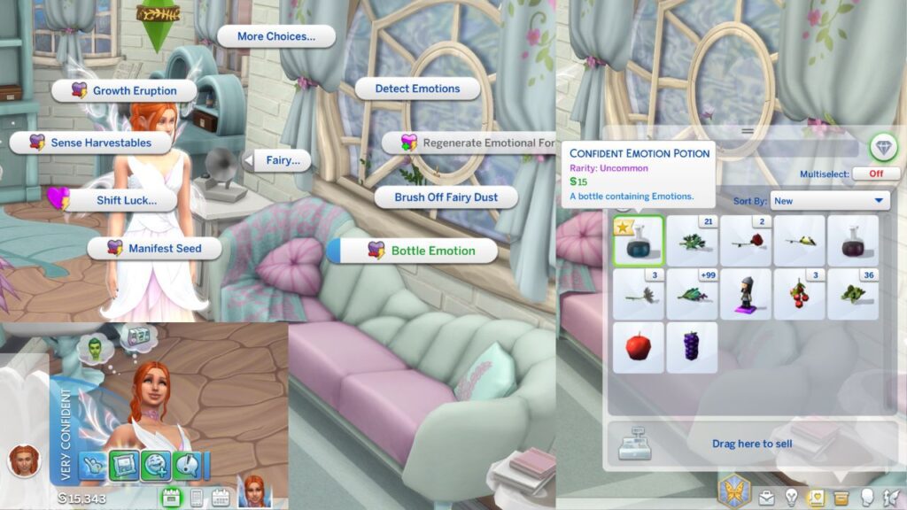 A screenshot from The Sims 4 showing the ability for a fairy to bottle their own emotions