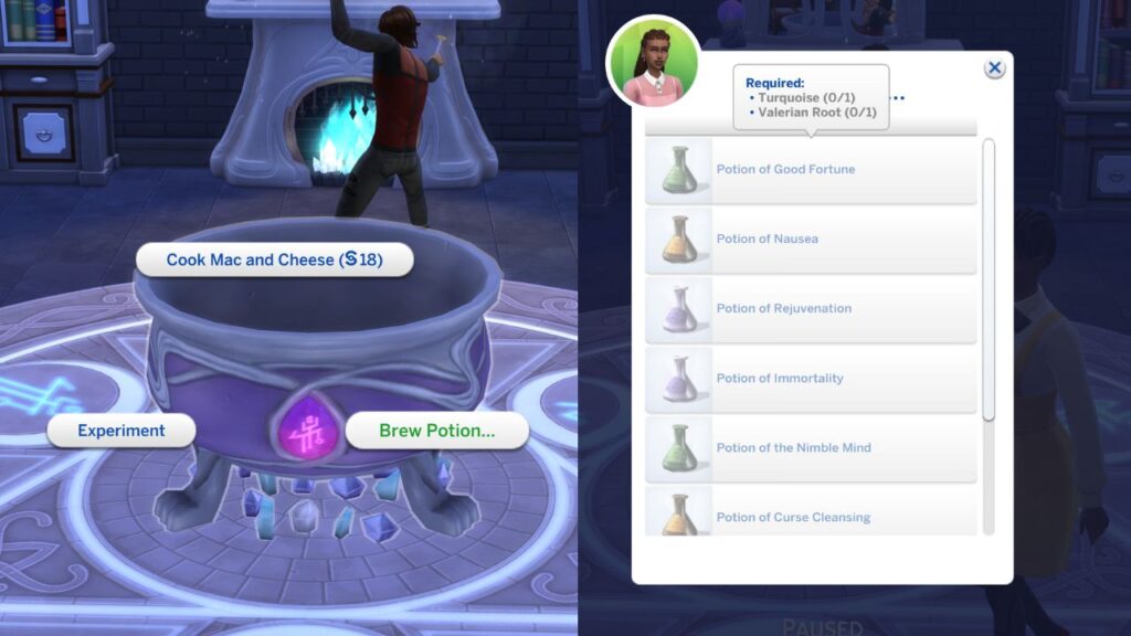 A screenshot from The Sims 4 showing the option to brew potion and the potion menu with the ingredients highlighted