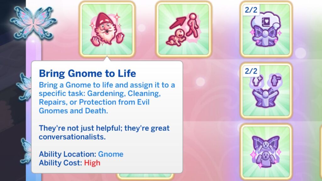 A screenshot from The Sims 4 showing the bring gnome to life perk