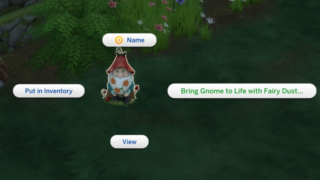 A screenshot from The Sims 4 showing how to bring a gnome to life with fairy dust