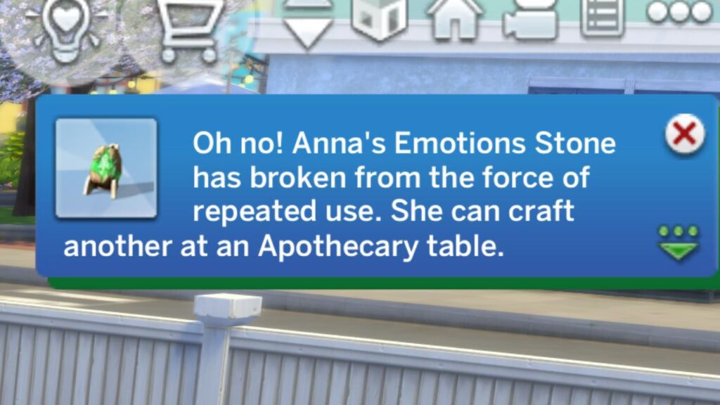 A screenshot from The Sims 4 showing the notification when your emotion stone breaks