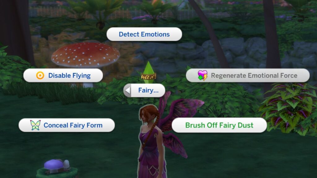 A screenshot from The Sims 4 showing how a fairy can brush off