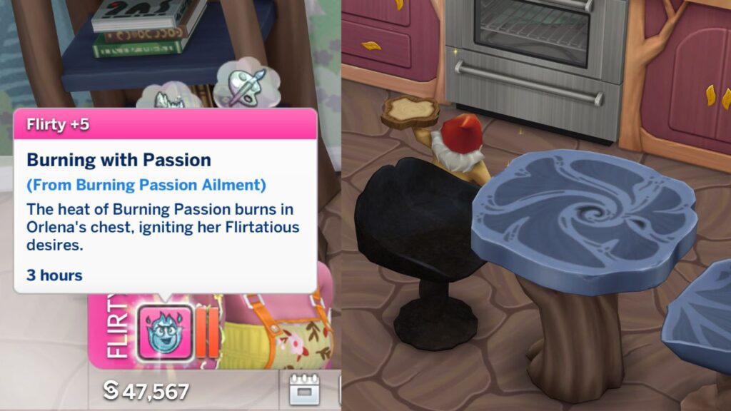 A screenshot from The Sims 4 showing a sim with the Burning with Passion moodlet and a burnt table
