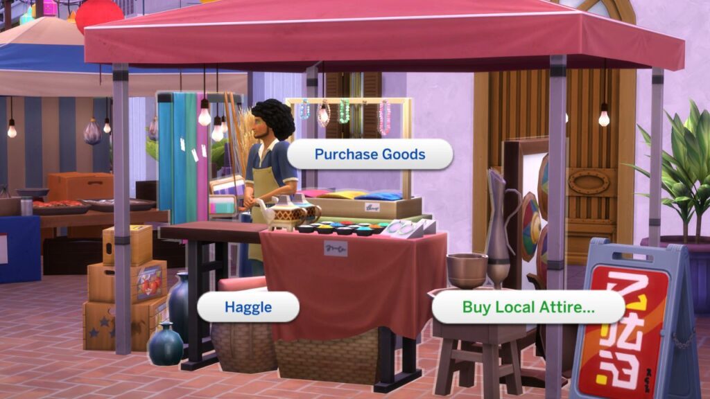 A screenshot from The Sims 4 showing the table at the night market where you can purchase a shirt in Tomorani