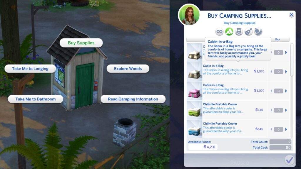A screenshot from The Sims 4 showing where you can purchase a cabin in granite falls