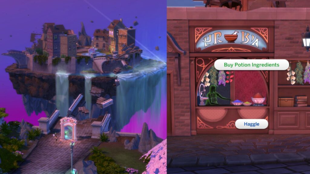 A screenshot from The Sims 4 showing where you can purchase potion ingredients in caster's alley