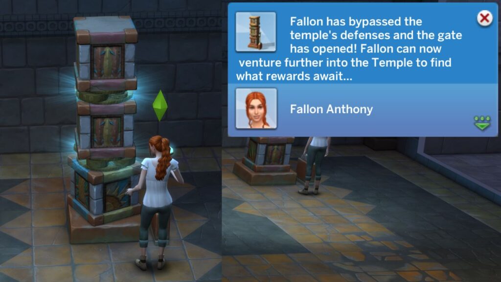 A screenshot from The Sims 4 showing a sim bypassing the temple's defenses to open the gate 