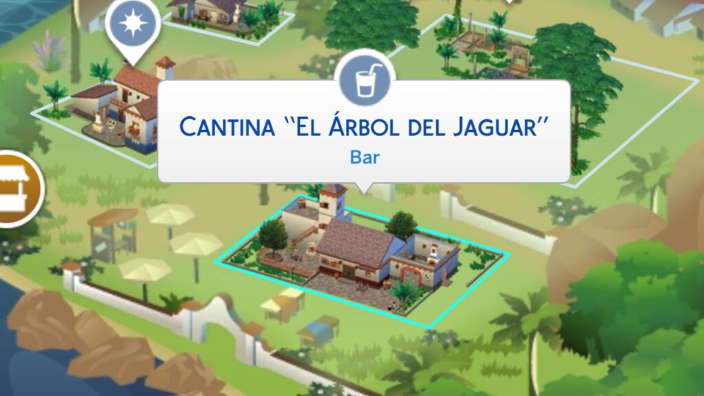 A screenshot from The Sims 4 showing the location of the Cantina El Arbol Del Jaguar