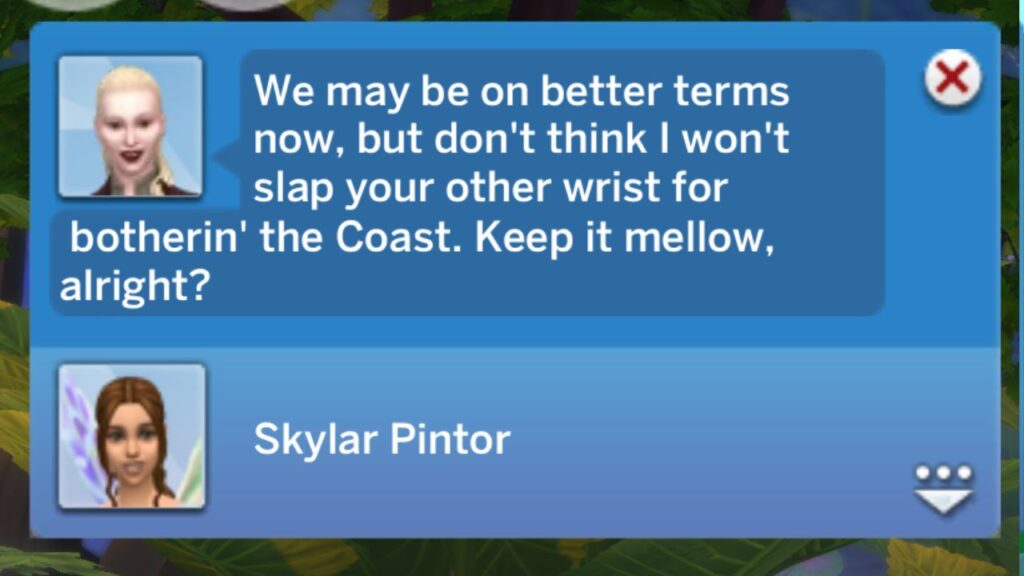 A screenshot from The Sims 4 showing the notification you get when talking to care ren about fairy behavior 