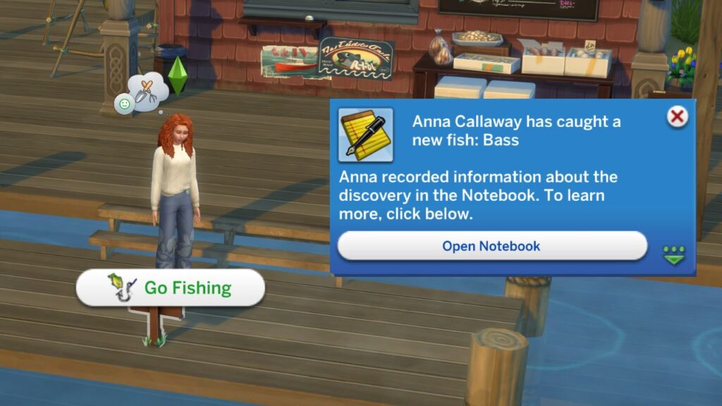 A screenshot from The Sims 4 showing a sim going fishing and catching a bass